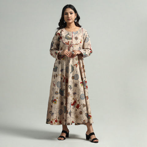 Beige - Kalamkari Printed Cotton A-Line Dress