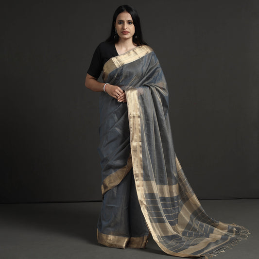 Grey - Traditional Maheshwari Silk Cotton Handloom Tissue Zari Work Saree