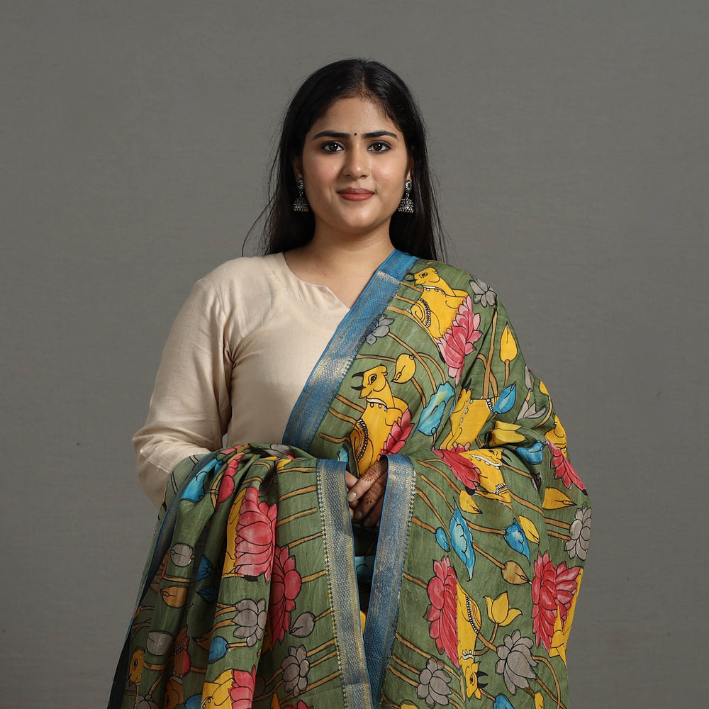 Green - Chanderi Silk Srikalahasti Handpainted Pen Kalamkari Dupatta 65