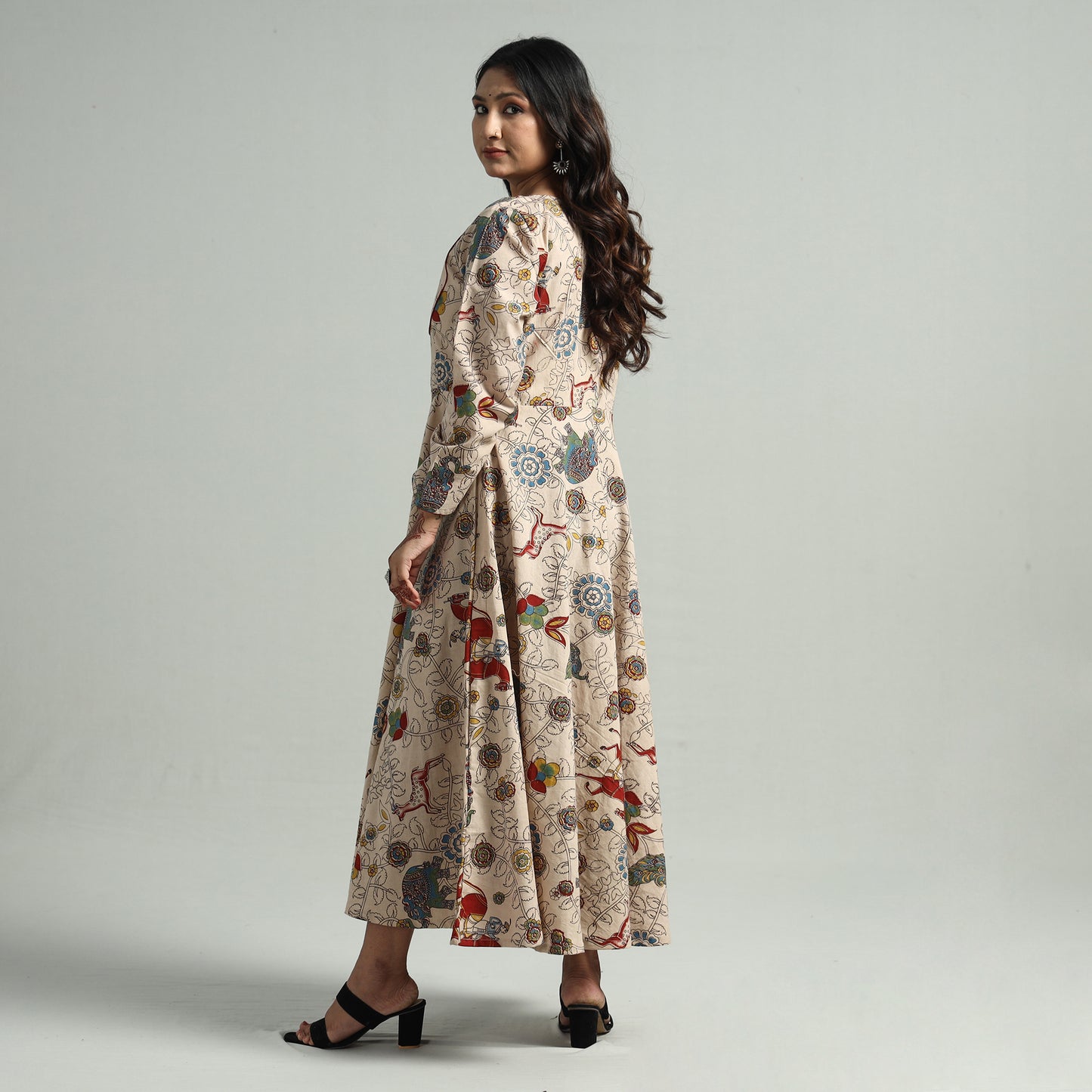 Beige - Kalamkari Printed Cotton A-Line Dress