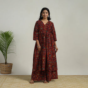 Red - Flared Cotton Block Print Kalamkari Kurta Set 25