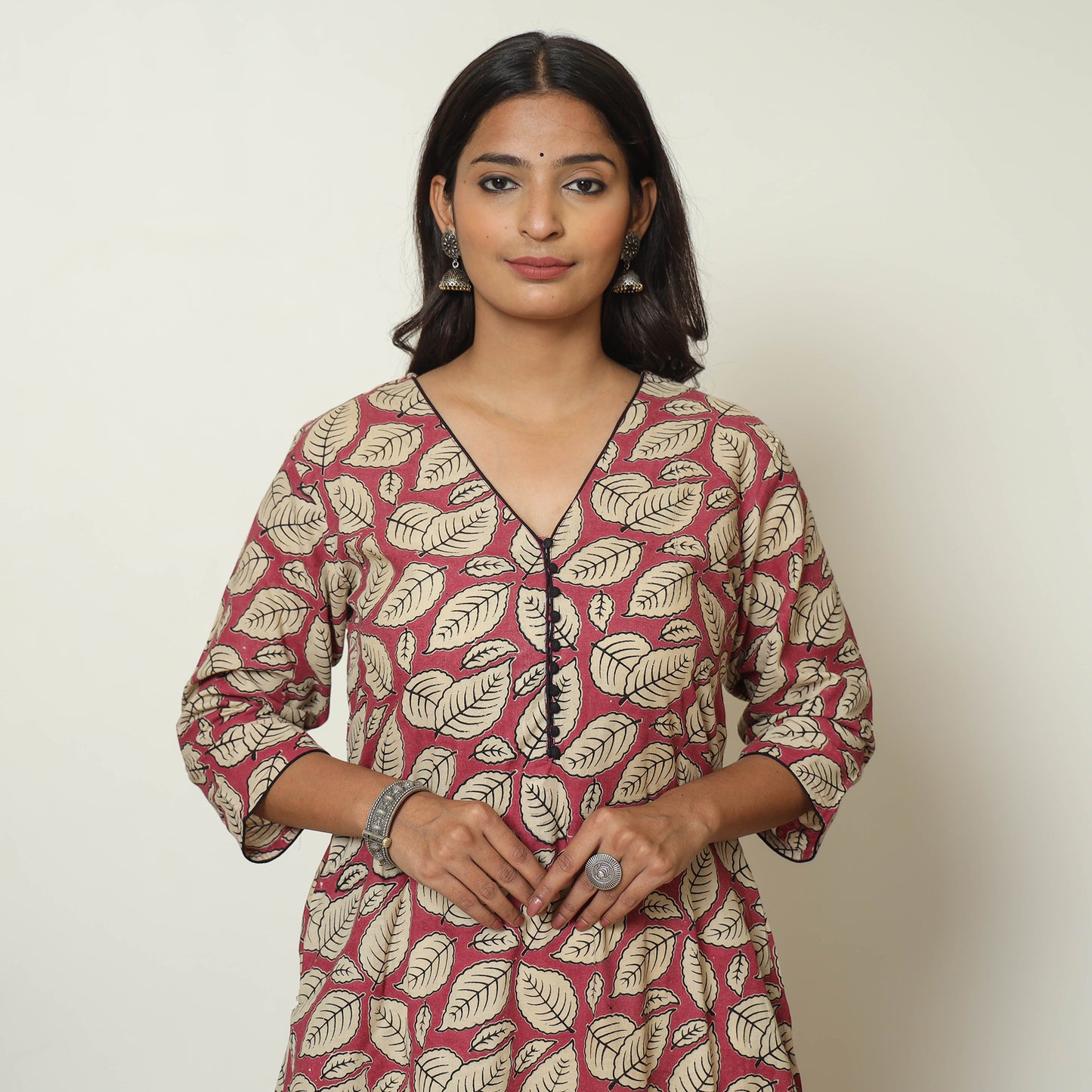 Pink - Kalamkari Printed Cotton A-Line Long Kurta 11