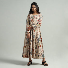 Beige - Kalamkari Printed Cotton A-Line Dress
