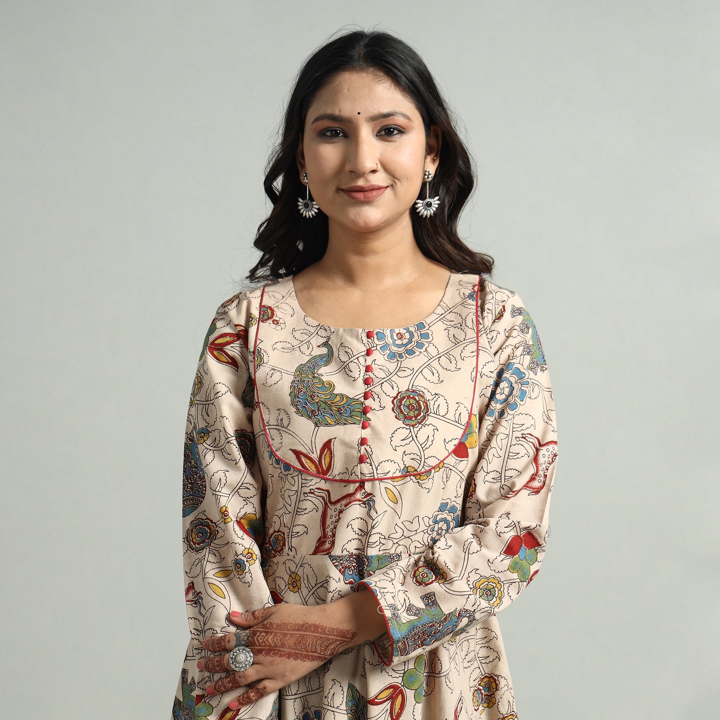 Beige - Kalamkari Printed Cotton A-Line Dress