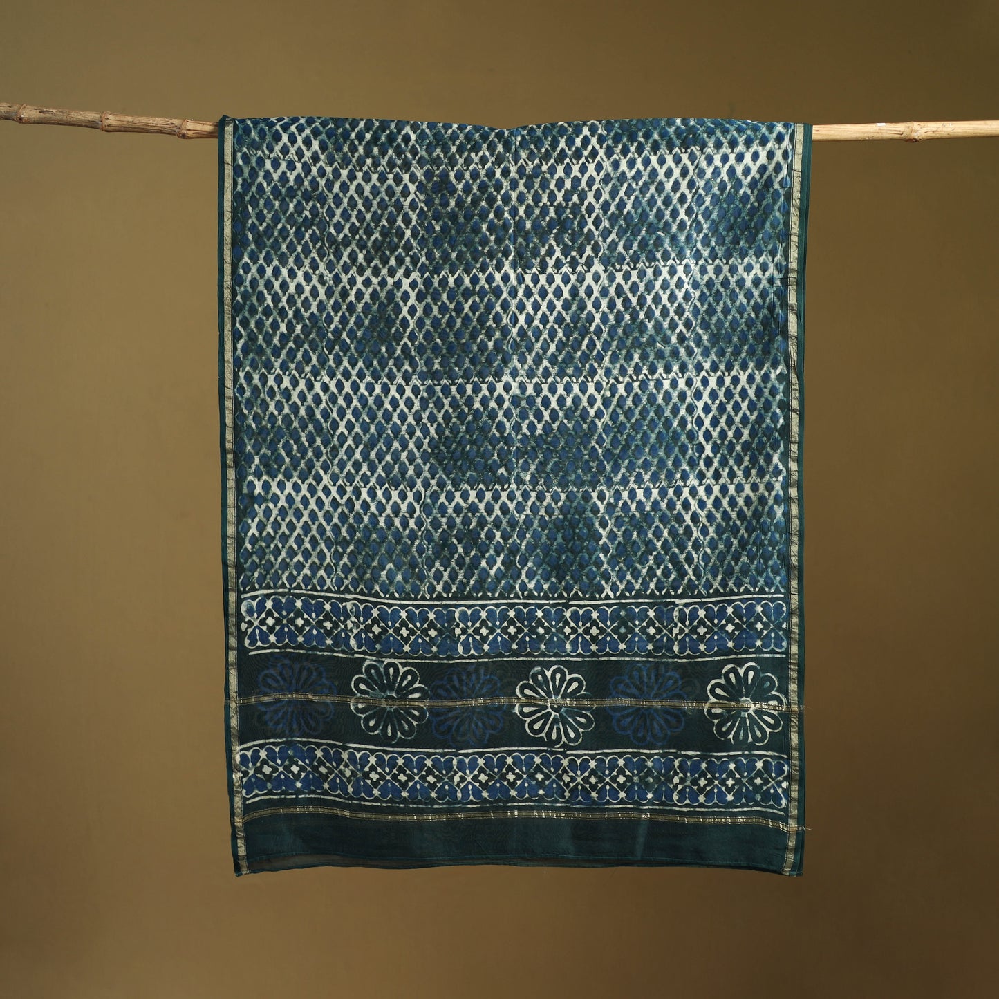 Blue - Pipad Hand Block Print Natural Dyed Chanderi Silk Handloom Dupatta 18
