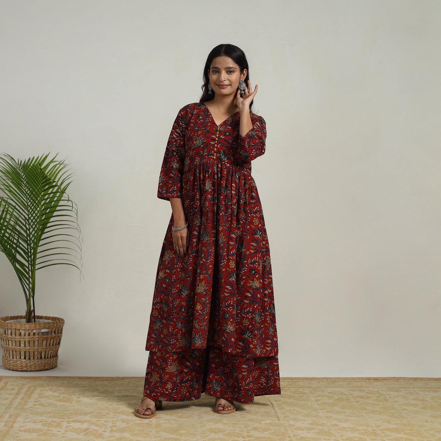 Red - Flared Cotton Block Print Kalamkari Kurta Set 25