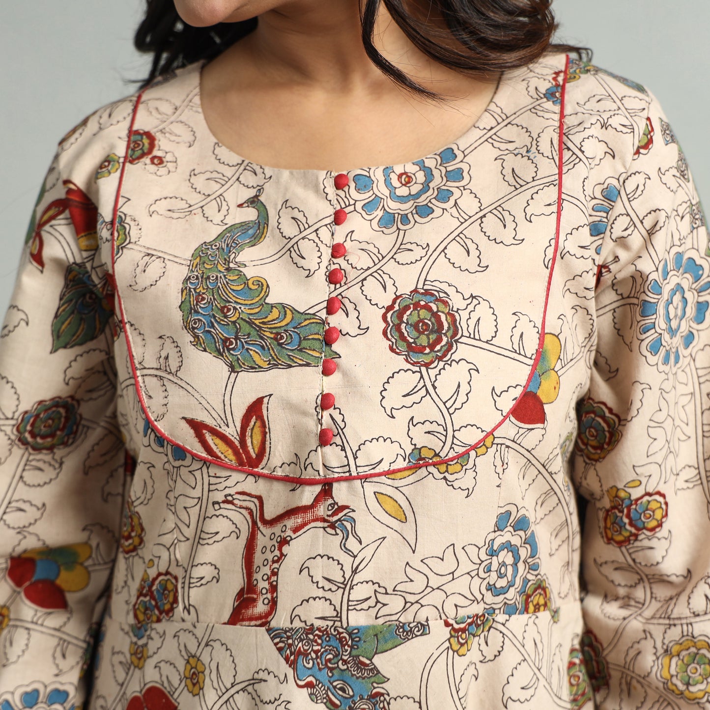 Beige - Kalamkari Printed Cotton A-Line Dress