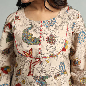 Beige - Kalamkari Printed Cotton A-Line Dress