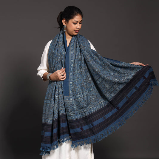 Blue - Kutch Traditional Ajrakh Block Printed Handwoven Pure Woolen Shawl