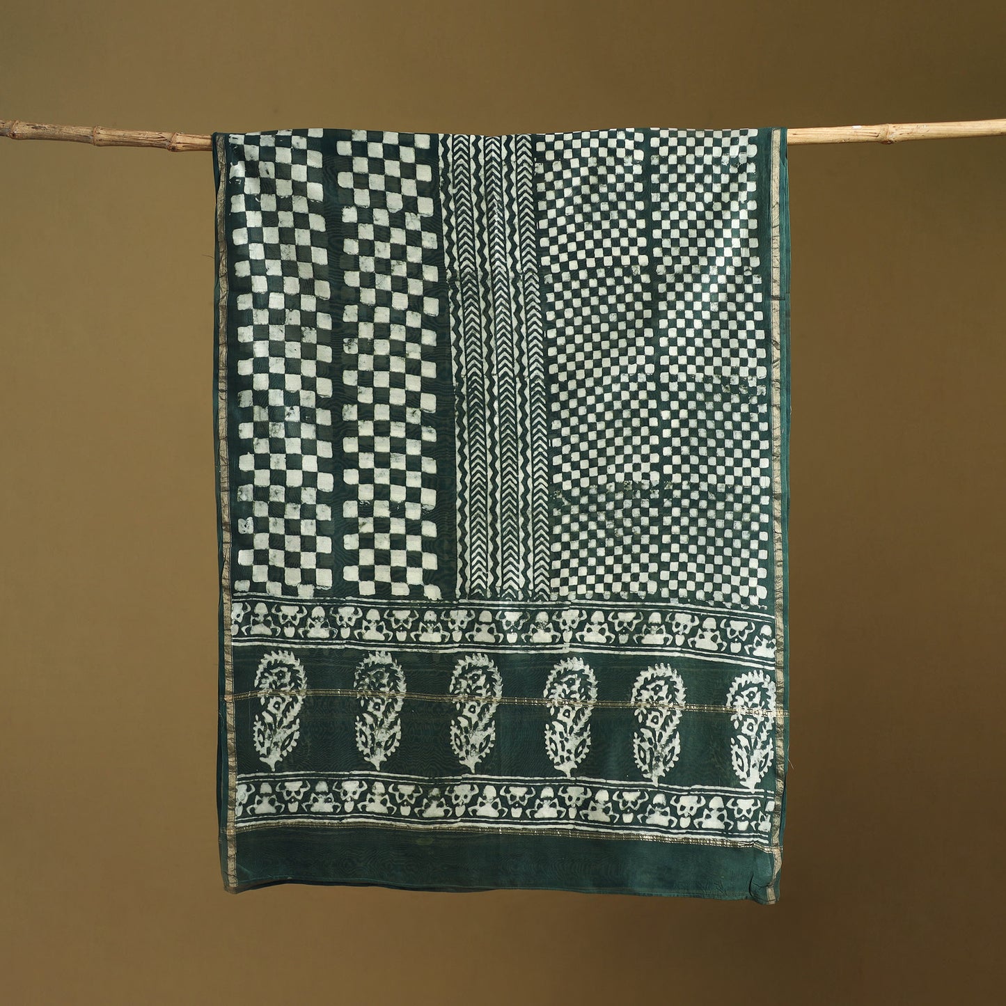 Green - Pipad Hand Block Print Natural Dyed Chanderi Silk Handloom Dupatta 17