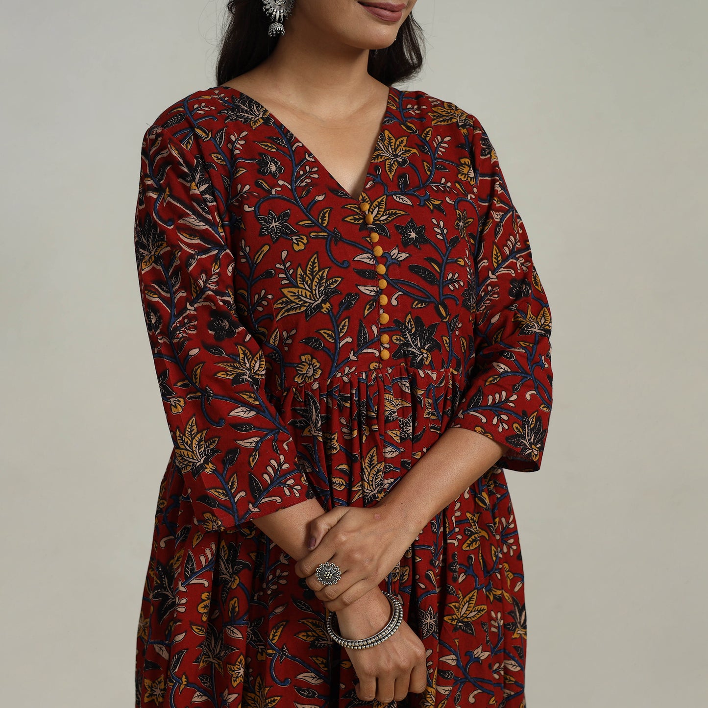 Red - Flared Cotton Block Print Kalamkari Kurta Set 25