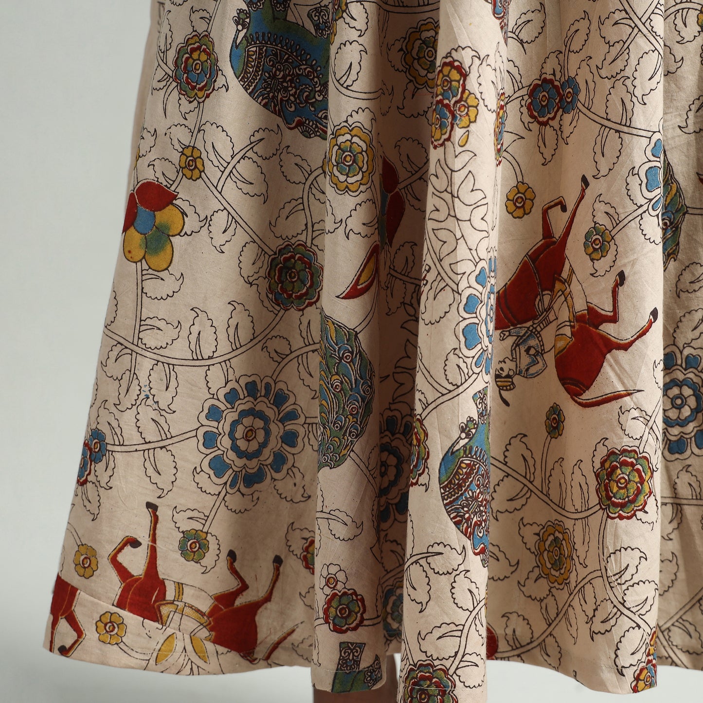 Beige - Kalamkari Printed Cotton A-Line Dress