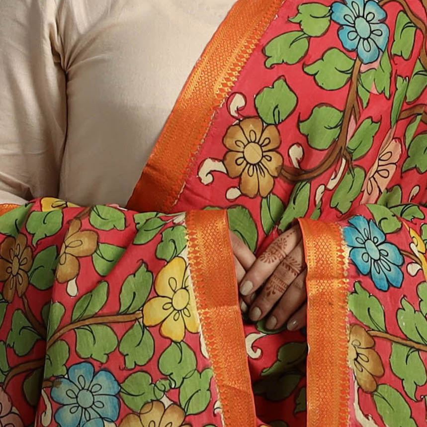 Red - Chanderi Silk Srikalahasti Handpainted Pen Kalamkari Dupatta 67