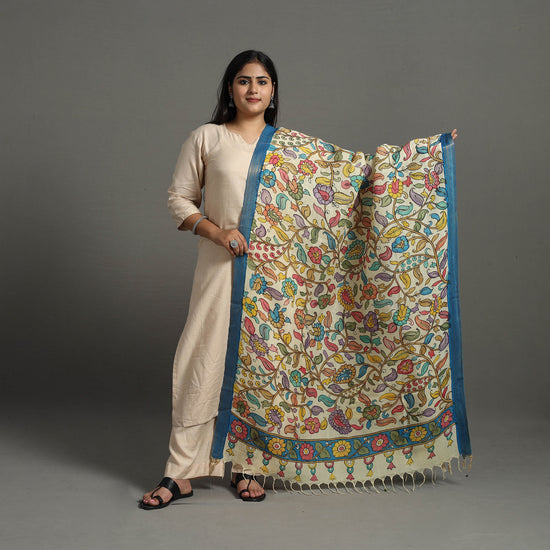 White - Chanderi Silk Srikalahasti Handpainted Pen Kalamkari Dupatta 68