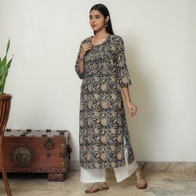 Kalamkari Block Print Cotton Pintuck Straight Kurta For Women