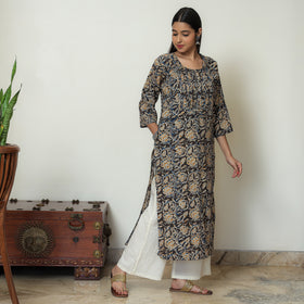 Kalamkari Block Print Cotton Pintuck Straight Kurta For Women