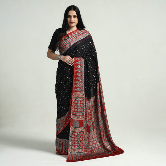 Red - Ajrakh Block Printed Bandhani Modal Silk Saree
