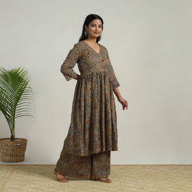 Buy Yellow Flared Cotton Block Print Kalamkari Kurta Set