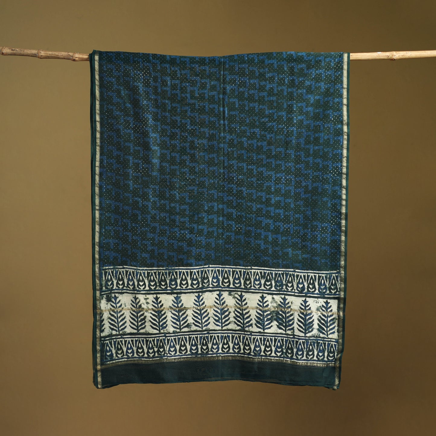 Blue - Pipad Hand Block Print Natural Dyed Chanderi Silk Handloom Dupatta 12