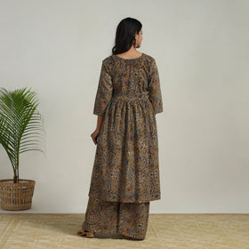 Buy Yellow Flared Cotton Block Print Kalamkari Kurta Set