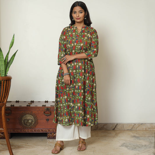 Green - Kalamkari Printed Cotton A-Line Kurta 13