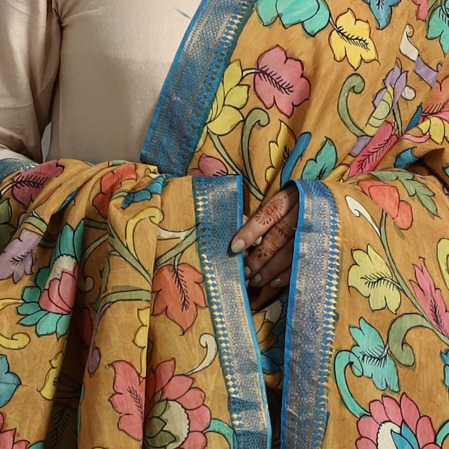 Yellow - Chanderi Silk Srikalahasti Handpainted Pen Kalamkari Dupatta 69