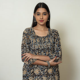 Kalamkari Block Print Cotton Pintuck Straight Kurta For Women