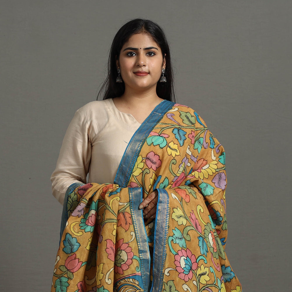 Yellow - Chanderi Silk Srikalahasti Handpainted Pen Kalamkari Dupatta 69