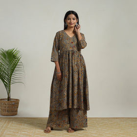 Buy Yellow Flared Cotton Block Print Kalamkari Kurta Set