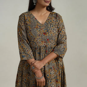 Buy Yellow Flared Cotton Block Print Kalamkari Kurta Set