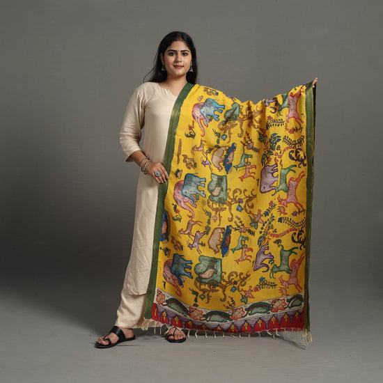 Yellow - Chanderi Silk Srikalahasti Handpainted Pen Kalamkari Dupatta 70