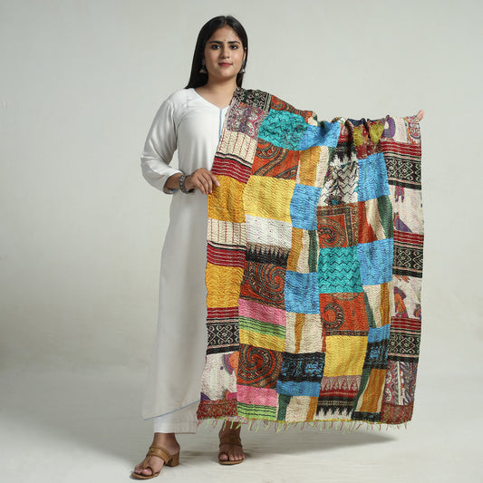 Multicolor - Bengal Kantha Embroidery Patchwork Reversible Silk Dupatta 50