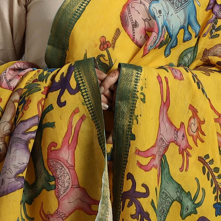 Yellow - Chanderi Silk Srikalahasti Handpainted Pen Kalamkari Dupatta 70