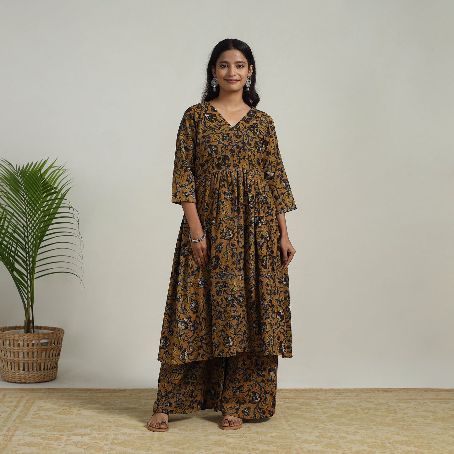 Brown - Flared Cotton Block Print Kalamkari Kurta Set 20