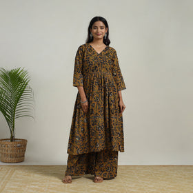  Brown Flared Cotton Block Print Kalamkari Kurta Set
