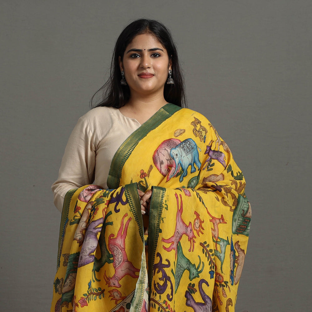 Yellow - Chanderi Silk Srikalahasti Handpainted Pen Kalamkari Dupatta 70