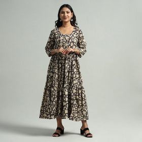 Black - Kalamkari Printed Tiered Cotton Dress
