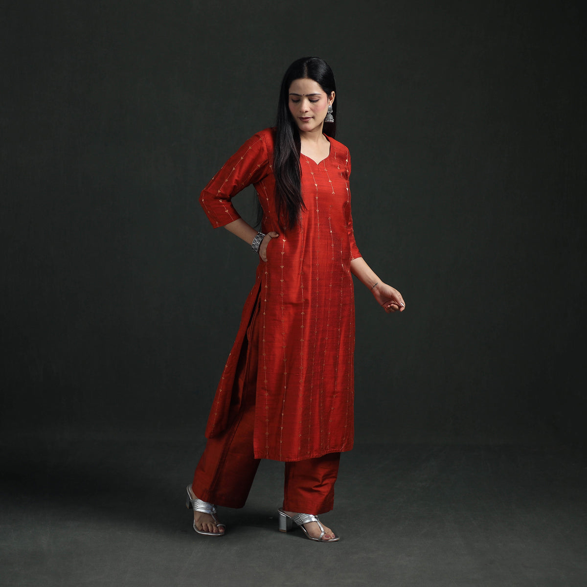 Spun Dupion Viscose Silk Zari Buti Straight Kurta with Palazzo Set for women 03