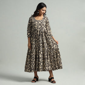 Black - Kalamkari Printed Tiered Cotton Dress