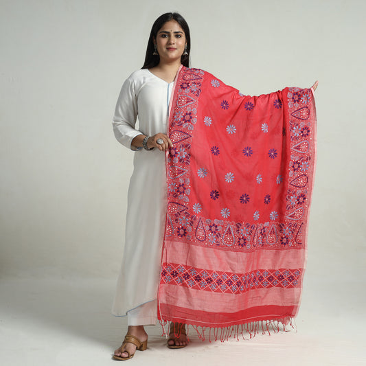 Red - Bengal Kantha Embroidery Cotton Handloom Dupatta 93