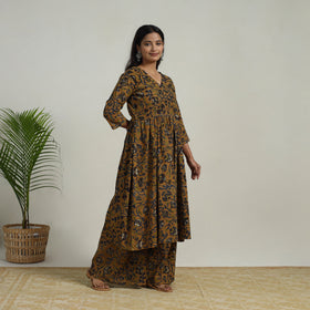  Brown Flared Cotton Block Print Kalamkari Kurta Set
