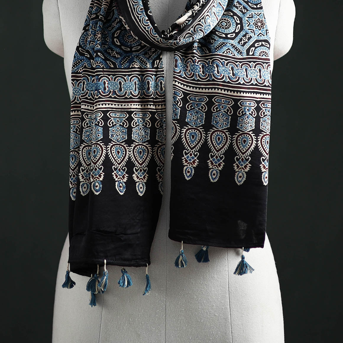 Modal Silk Ajrakh Hand Block Print Natural Dyed Stole 14