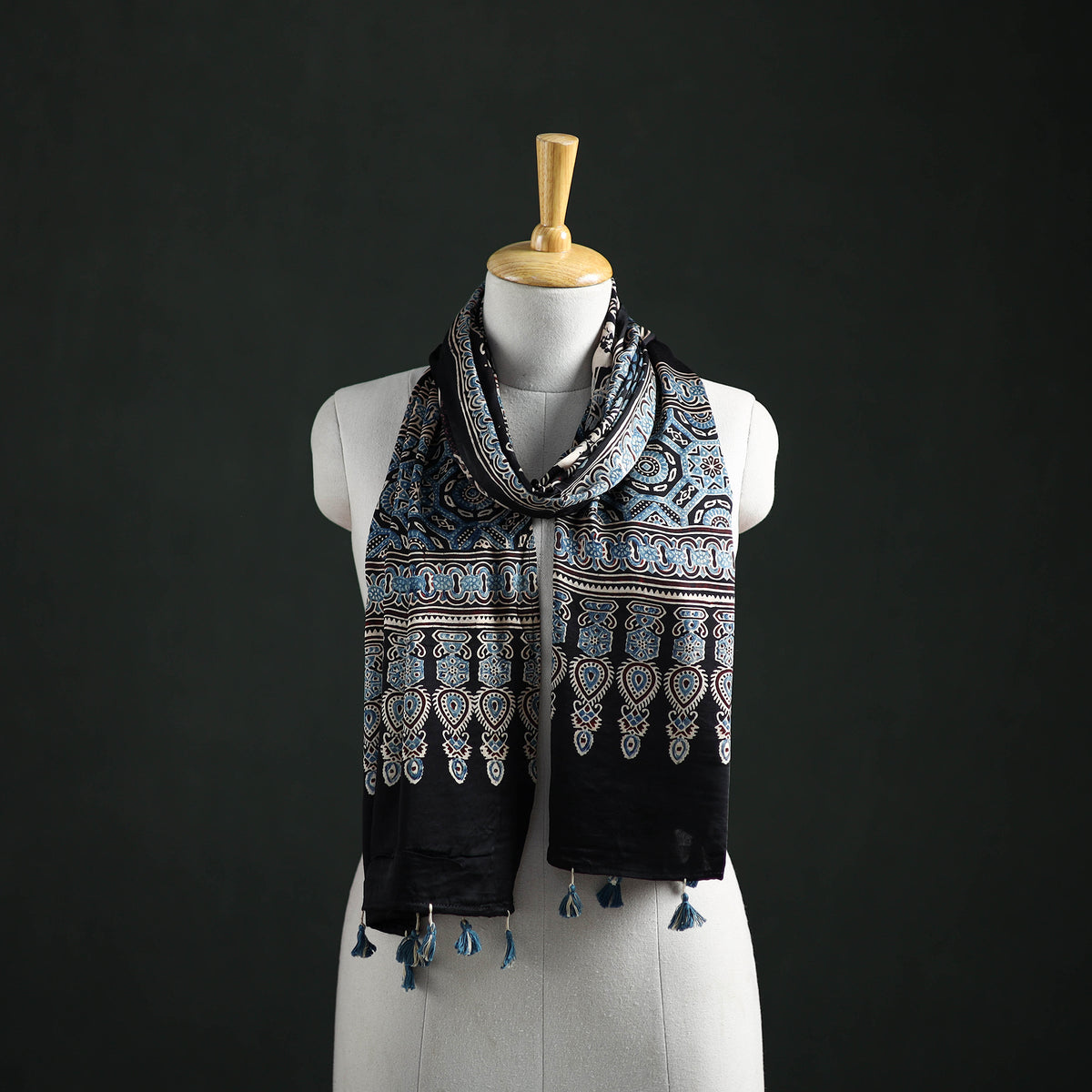 Modal Silk Ajrakh Hand Block Print Natural Dyed Stole 14