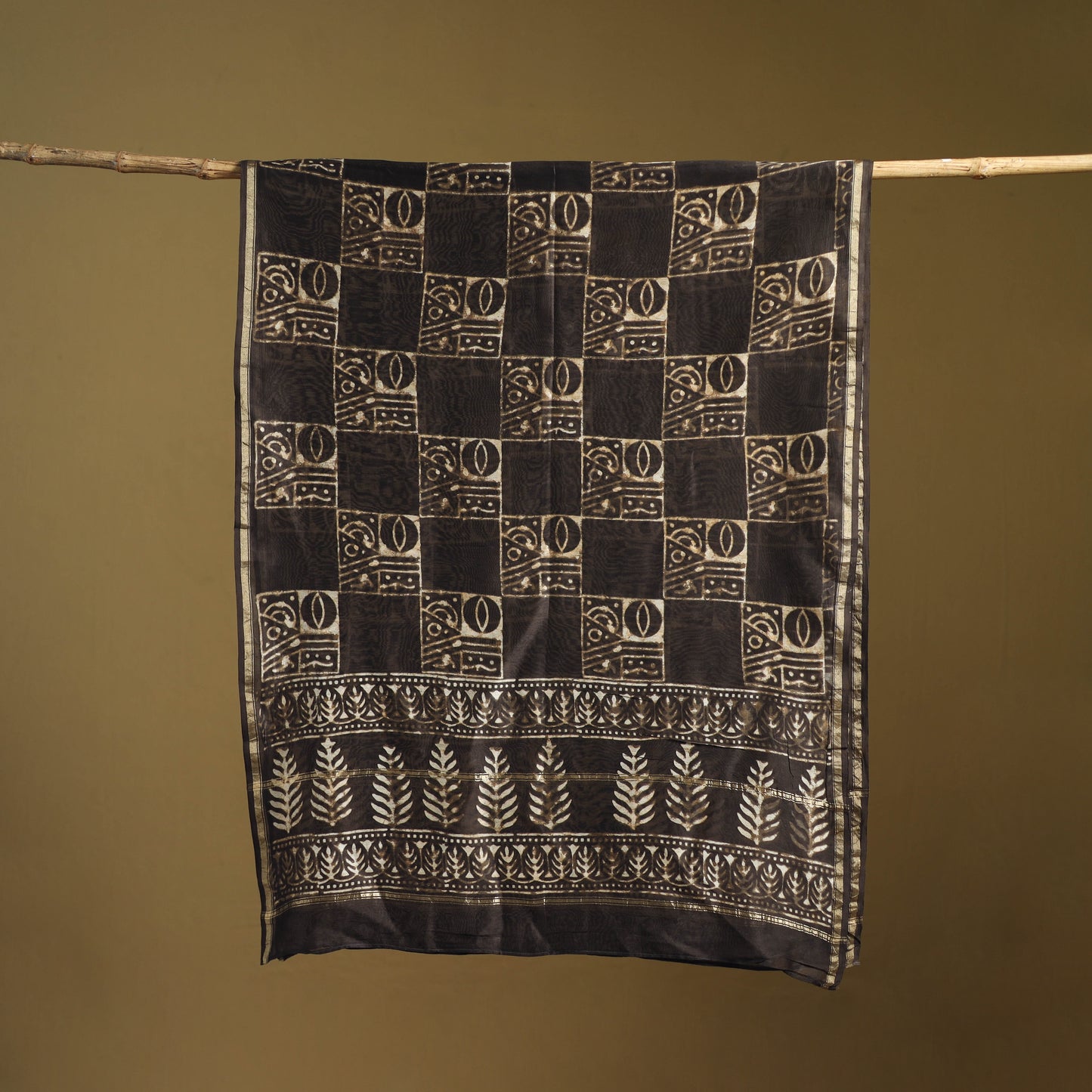 Brown - Pipad Hand Block Print Natural Dyed Chanderi Silk Handloom Dupatta 05