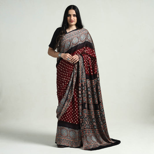 Multicolor - Ajrakh Block Printed Bandhani Modal Silk Saree