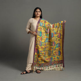 Yellow Chanderi Silk Srikalahasti Handpainted Pen Kalamkari Dupatta
