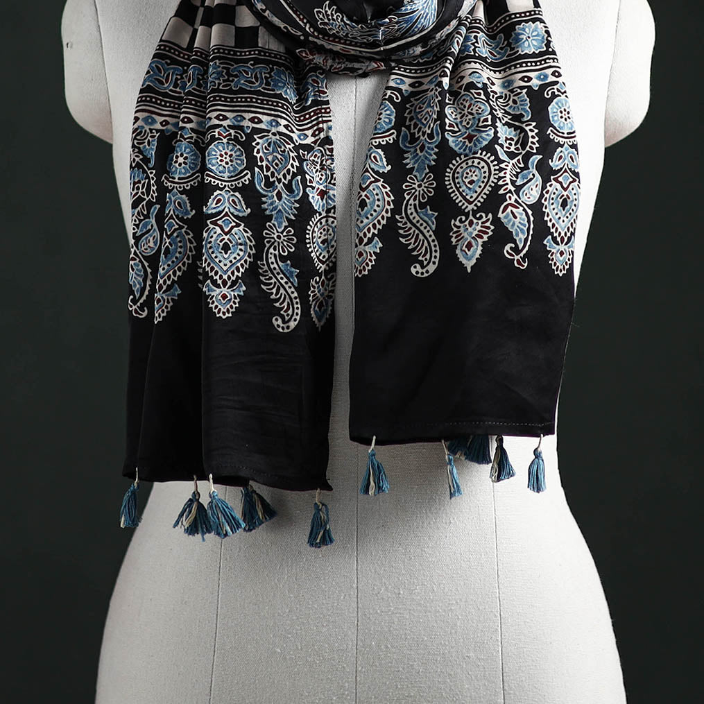 Modal Silk Ajrakh Hand Block Print Natural Dyed Stole 15
