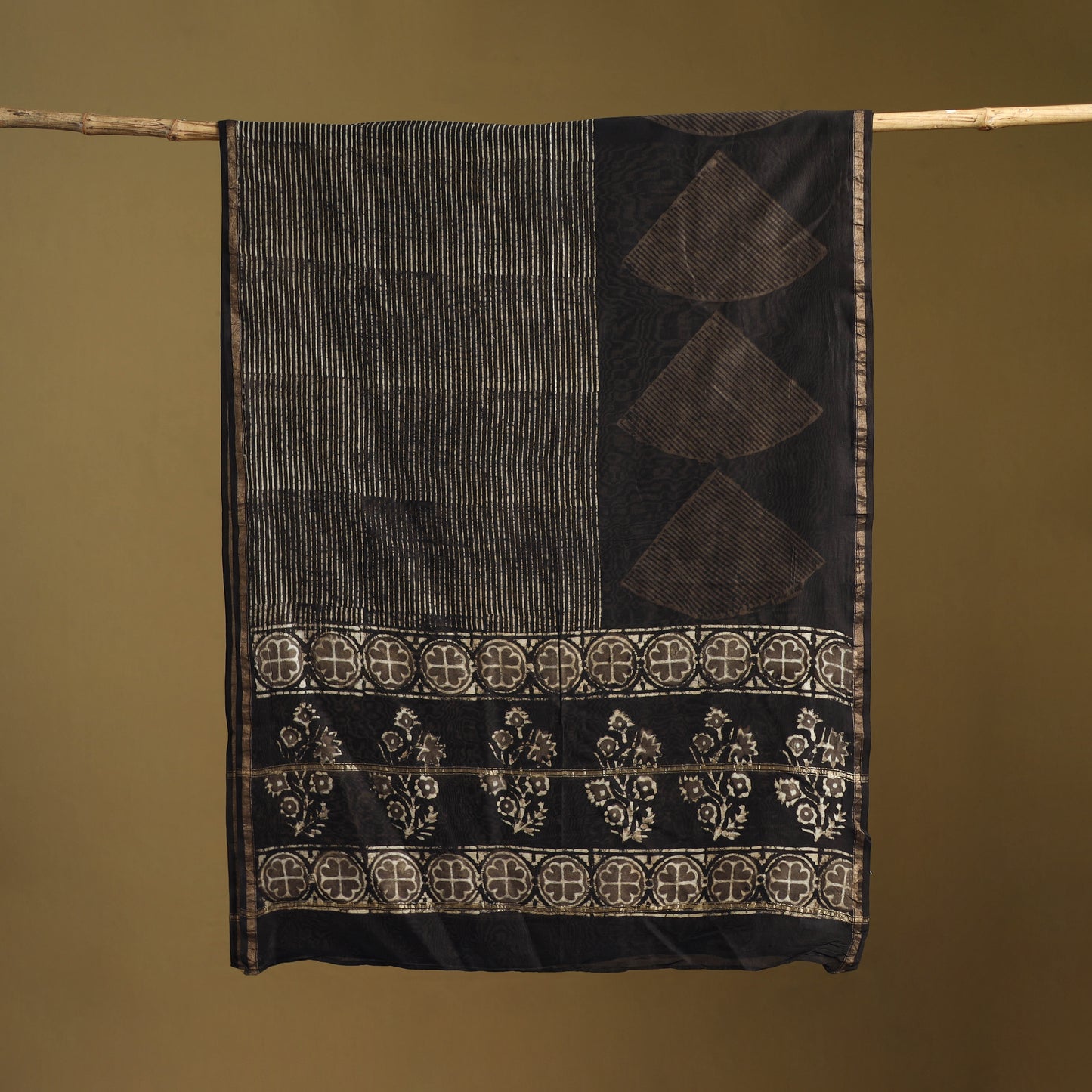 Black - Pipad Hand Block Print Natural Dyed Chanderi Silk Handloom Dupatta 03