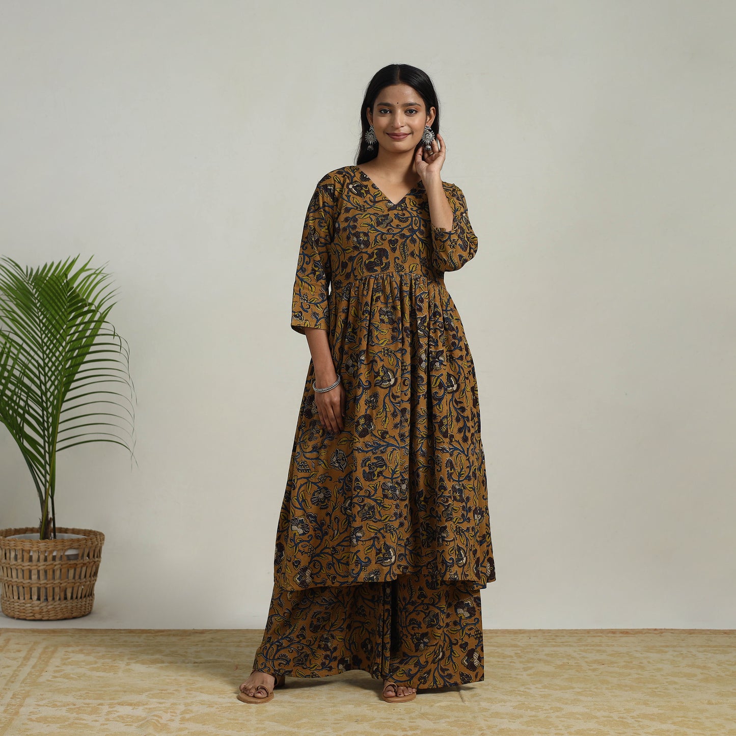 Brown - Flared Cotton Block Print Kalamkari Kurta Set 20