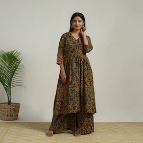  Brown Flared Cotton Block Print Kalamkari Kurta Set
